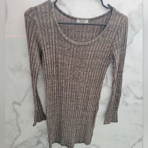 Gray/Brown Ribbed Knit Long-Sleeve Bodycon Mini Dress